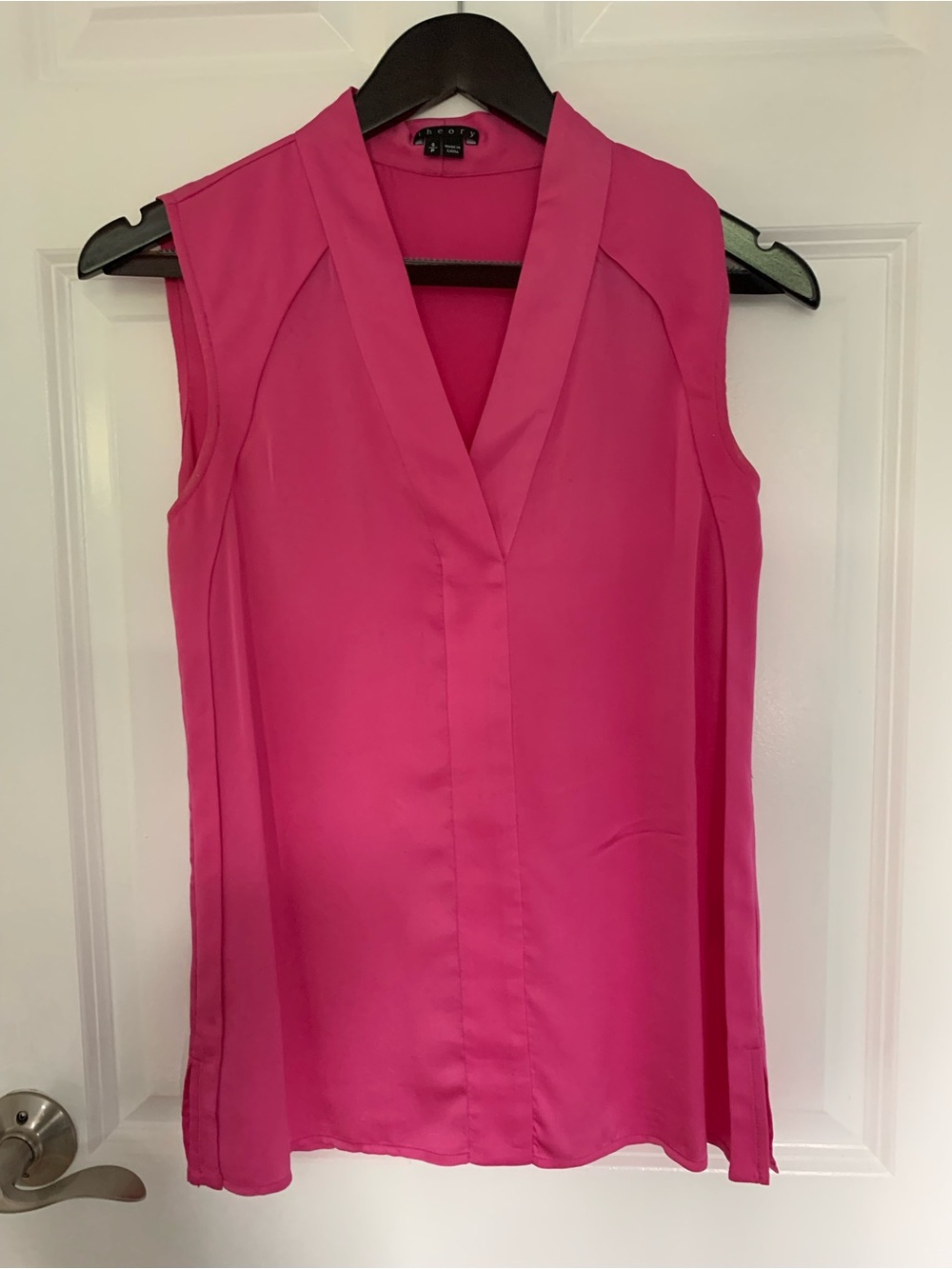 Theory 100% Silk Sleeveless V-Neck Women's Top in Bright Pink